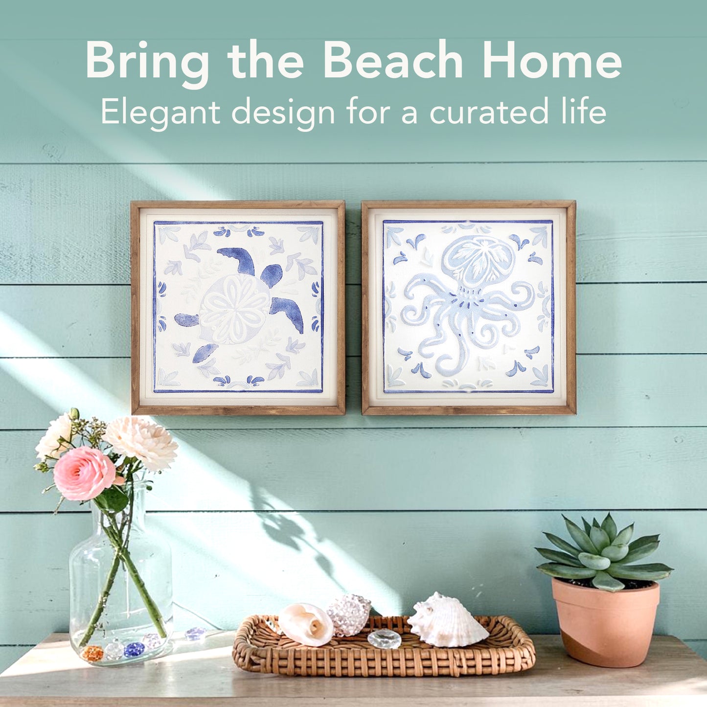 Framed coastal turtle and octopus wall art set featuring blue ocean tile style artwork with natural wood frames, nautical beach house wall decor for bathroom or coastal bedroom