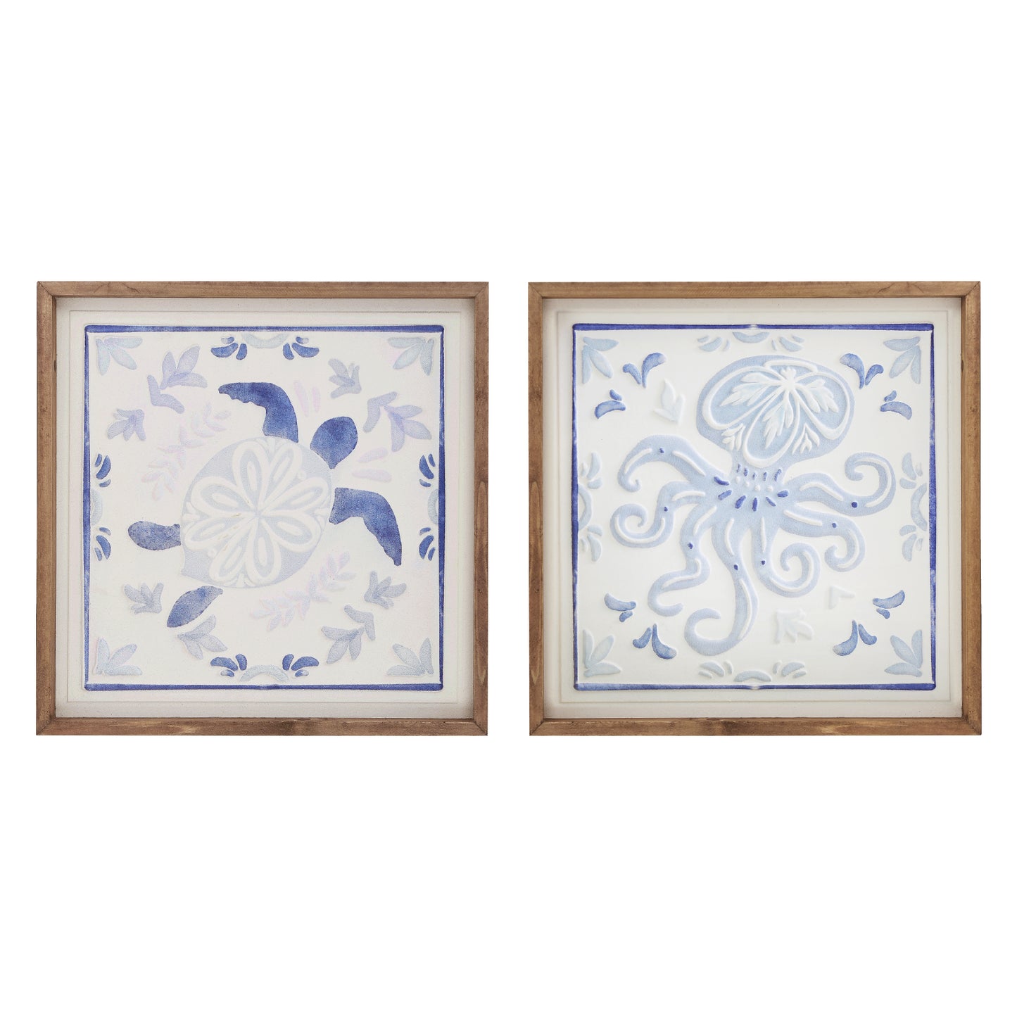 Framed coastal turtle and octopus wall art set featuring blue ocean tile style artwork with natural wood frames, nautical beach house wall decor for bathroom or coastal bedroom