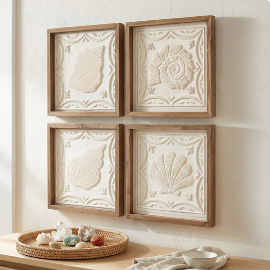 Framed coastal seashell wall art set of 4 featuring 3D shell relief designs with natural wood frames, beach house wall decor for bathroom, coastal bedroom decor, and nautical ocean themed home decoration