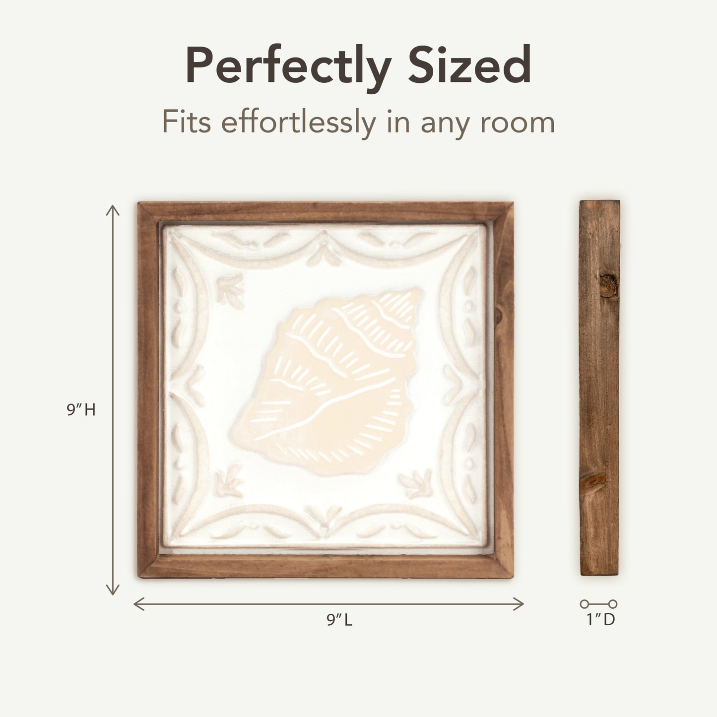 Framed coastal seashell wall art set of 4 featuring 3D shell relief designs with natural wood frames, beach house wall decor for bathroom, coastal bedroom decor, and nautical ocean themed home decoration