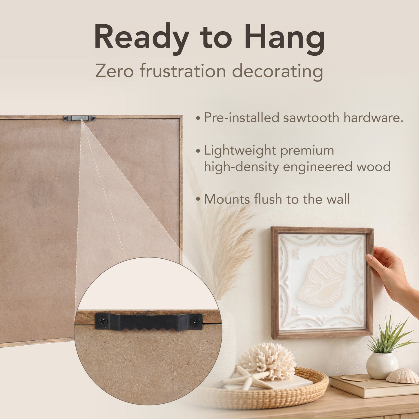 Framed coastal seashell wall art set of 4 featuring 3D shell relief designs with natural wood frames, beach house wall decor for bathroom, coastal bedroom decor, and nautical ocean themed home decoration