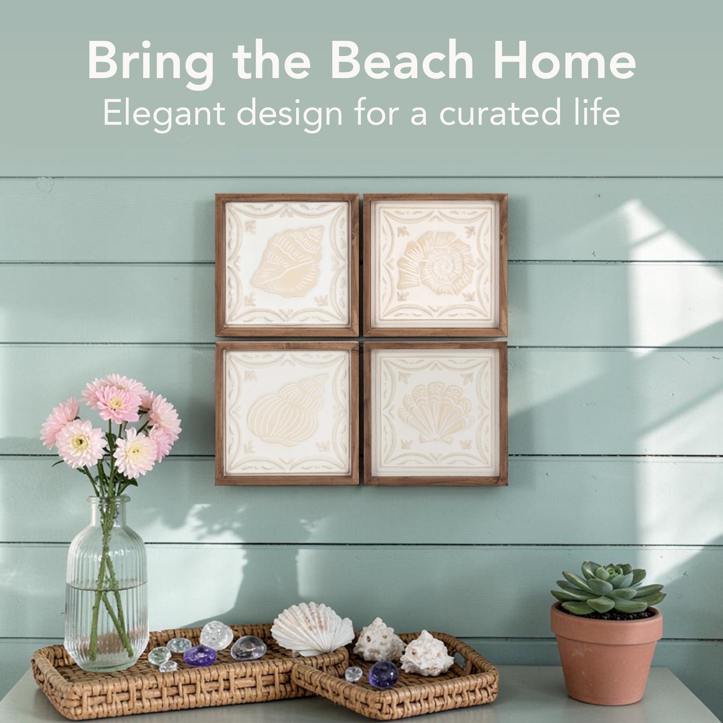 Framed coastal seashell wall art set of 4 featuring 3D shell relief designs with natural wood frames, beach house wall decor for bathroom, coastal bedroom decor, and nautical ocean themed home decoration