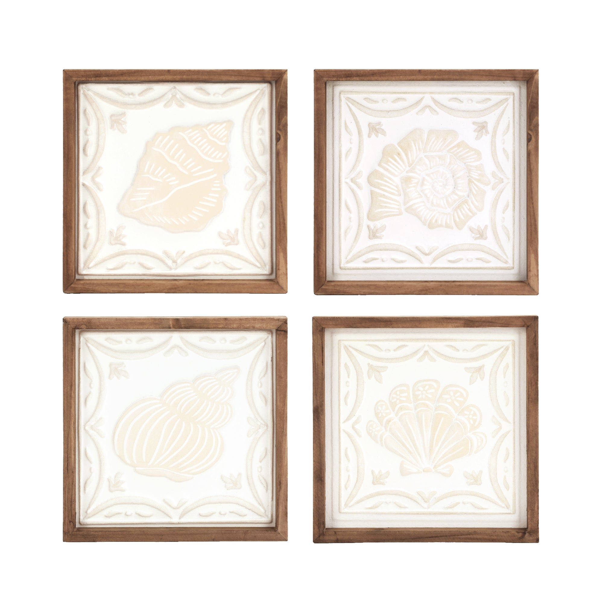 Framed coastal seashell wall art set of 4 featuring 3D shell relief designs with natural wood frames, beach house wall decor for bathroom, coastal bedroom decor, and nautical ocean themed home decoration