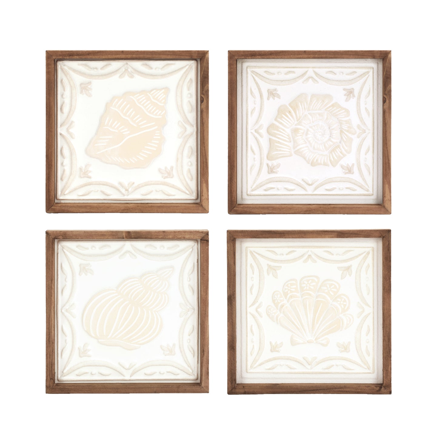Framed coastal seashell wall art set of 4 featuring 3D shell relief designs with natural wood frames, beach house wall decor for bathroom, coastal bedroom decor, and nautical ocean themed home decoration