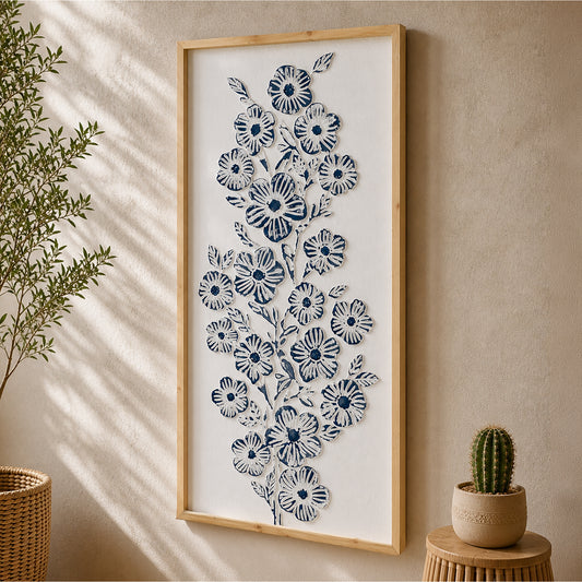White and blue embossed floral wall art with 3D metal detailing in a light wood frame, styled as coastal boho farmhouse decor for living room, bedroom, bathroom, or beach house.