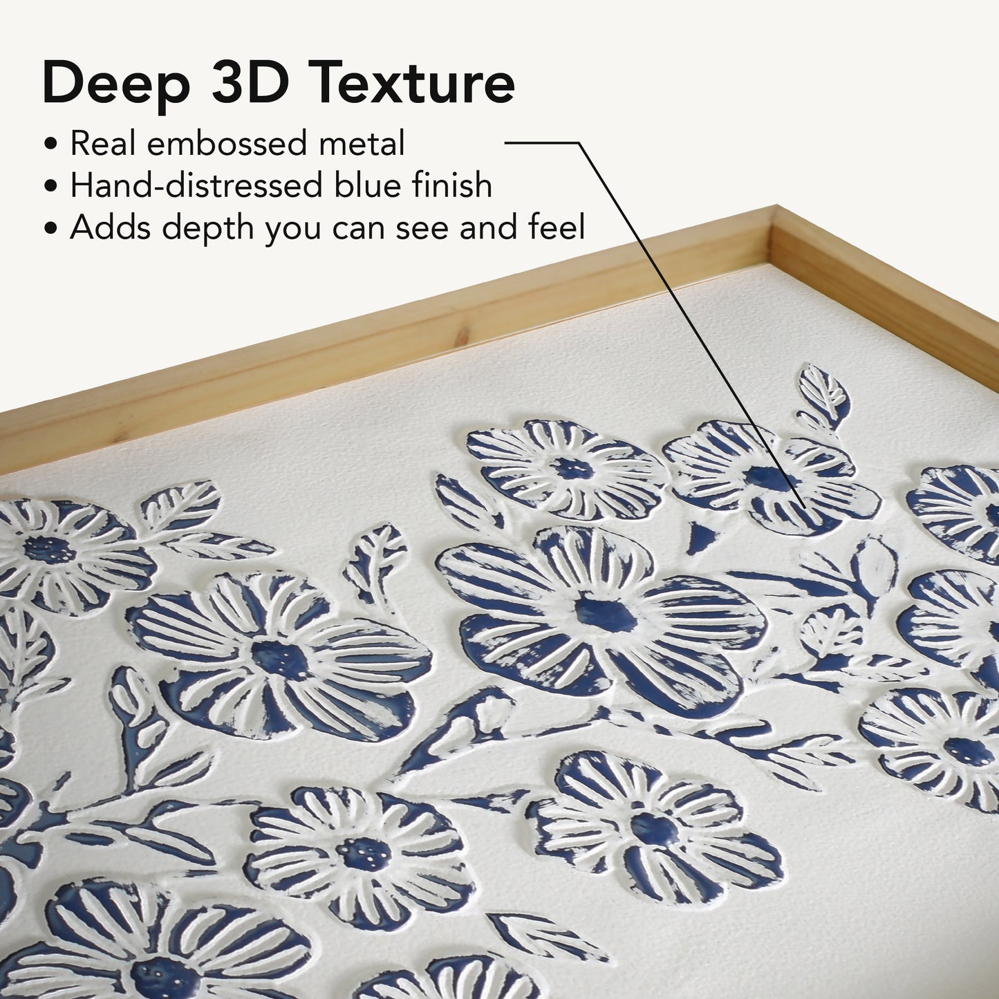 White and blue embossed floral wall art with 3D metal detailing in a light wood frame, styled as coastal boho farmhouse decor for living room, bedroom, bathroom, or beach house.