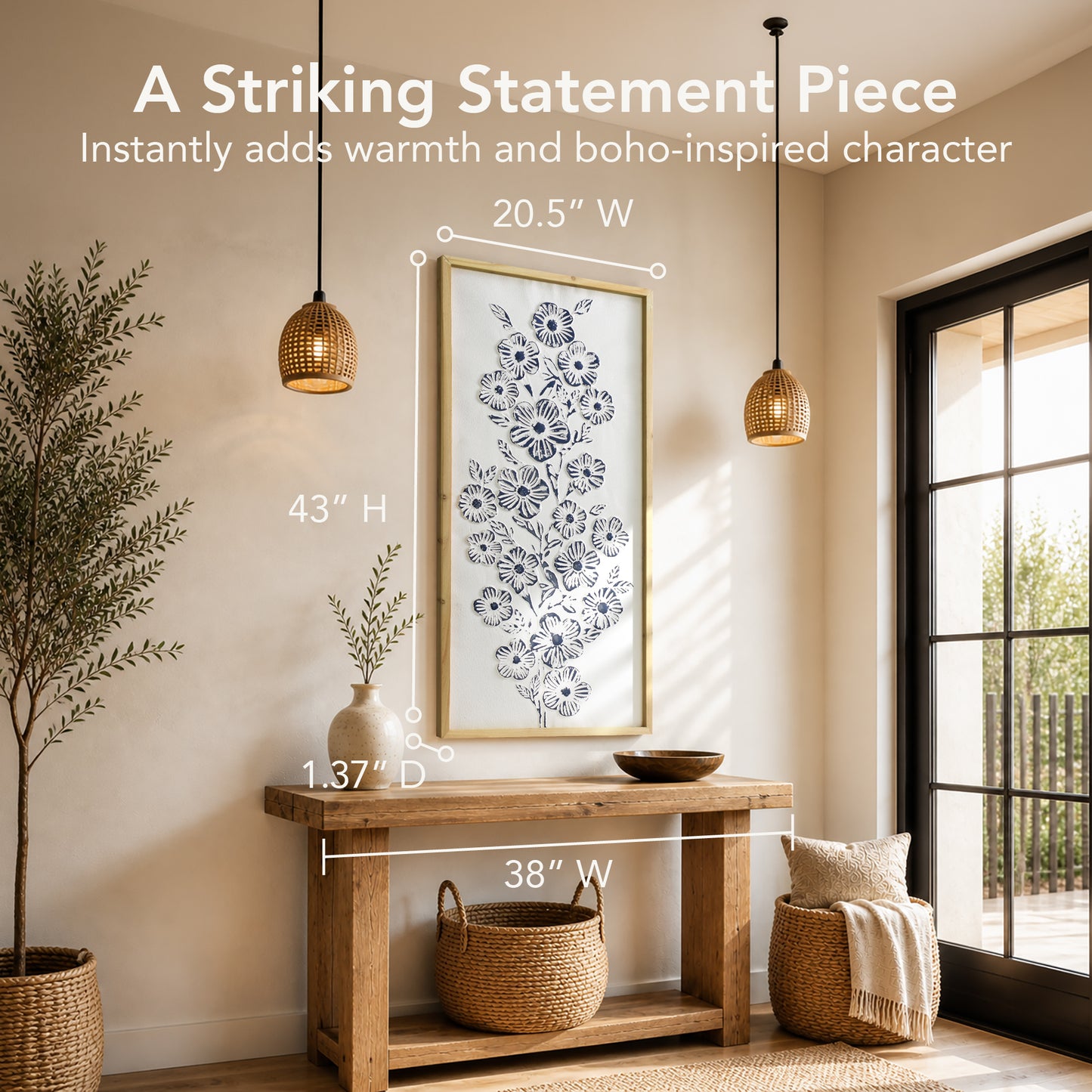 White and blue embossed floral wall art with 3D metal detailing in a light wood frame, styled as coastal boho farmhouse decor for living room, bedroom, bathroom, or beach house.