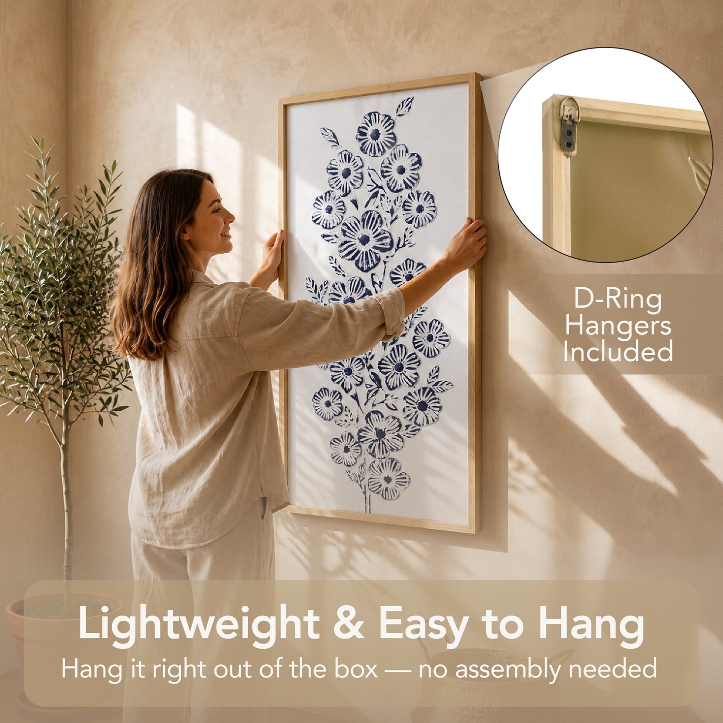White and blue embossed floral wall art with 3D metal detailing in a light wood frame, styled as coastal boho farmhouse decor for living room, bedroom, bathroom, or beach house.