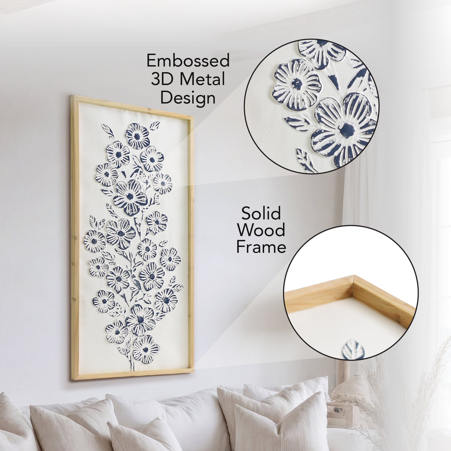 White and blue embossed floral wall art with 3D metal detailing in a light wood frame, styled as coastal boho farmhouse decor for living room, bedroom, bathroom, or beach house.