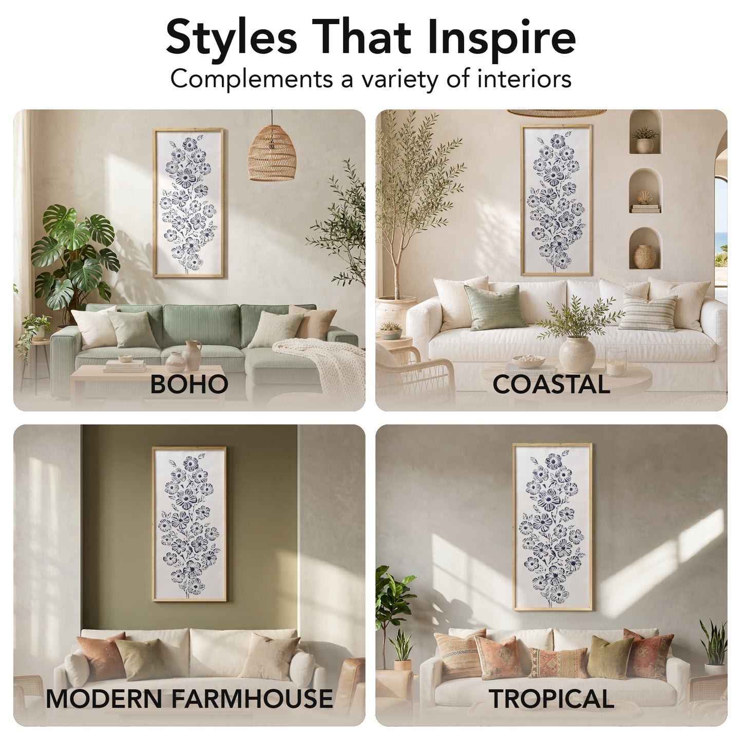 White and blue embossed floral wall art with 3D metal detailing in a light wood frame, styled as coastal boho farmhouse decor for living room, bedroom, bathroom, or beach house.