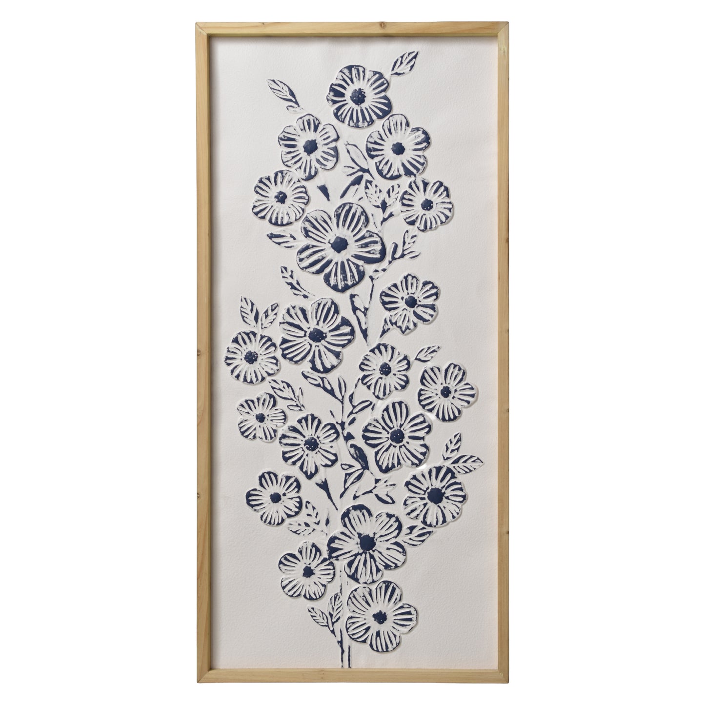 White and blue embossed floral wall art with 3D metal detailing in a light wood frame, styled as coastal boho farmhouse decor for living room, bedroom, bathroom, or beach house.