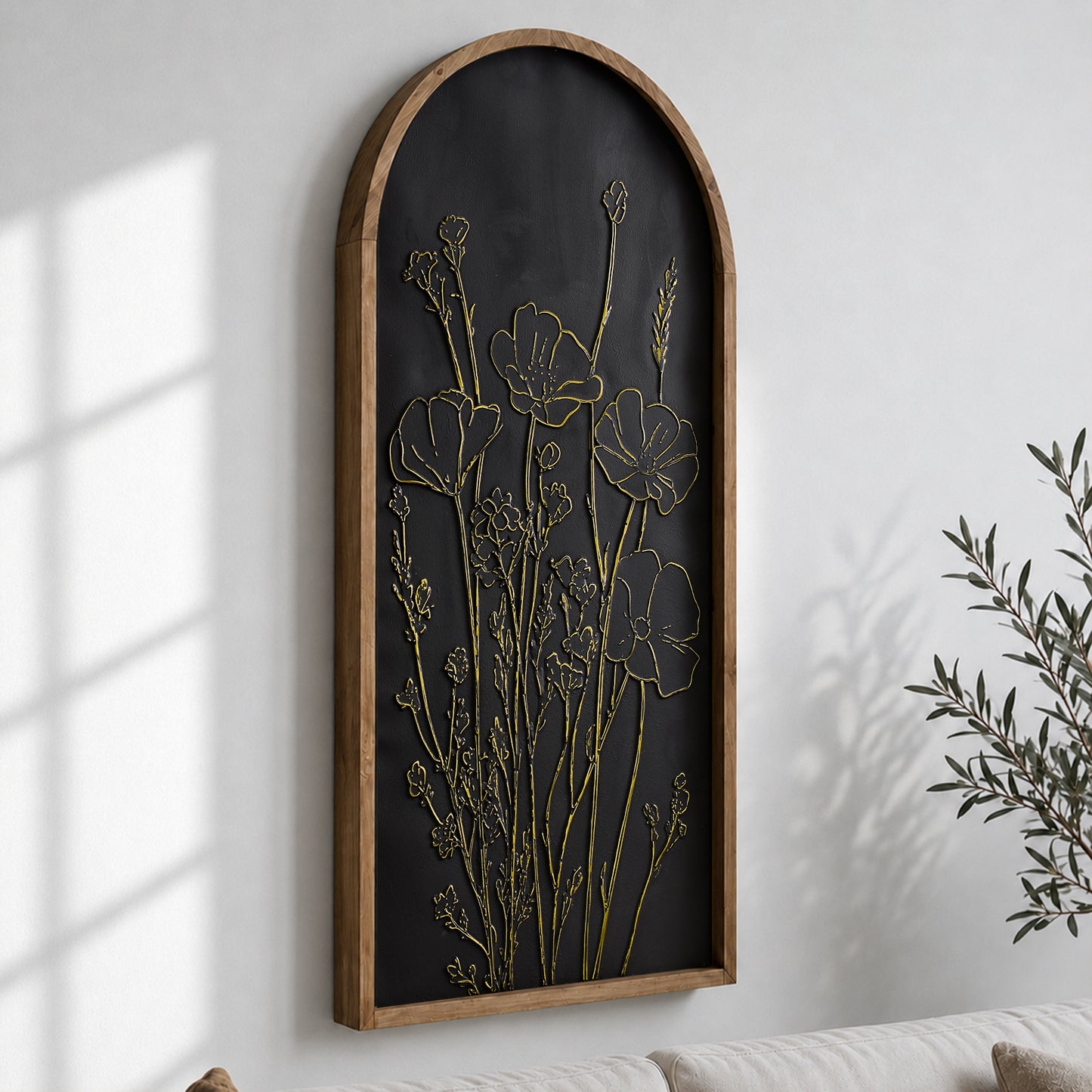 Black and gold embossed floral wall art in an arched frame with 3D metal detailing, styled as neutral boho coastal decor for living room, bedroom, bathroom, or hallway.