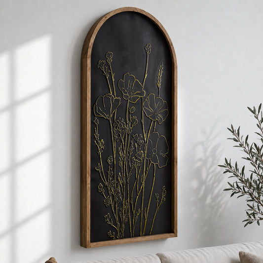 Black and gold embossed floral wall art in an arched frame with 3D metal detailing, styled as neutral boho coastal decor for living room, bedroom, bathroom, or hallway.