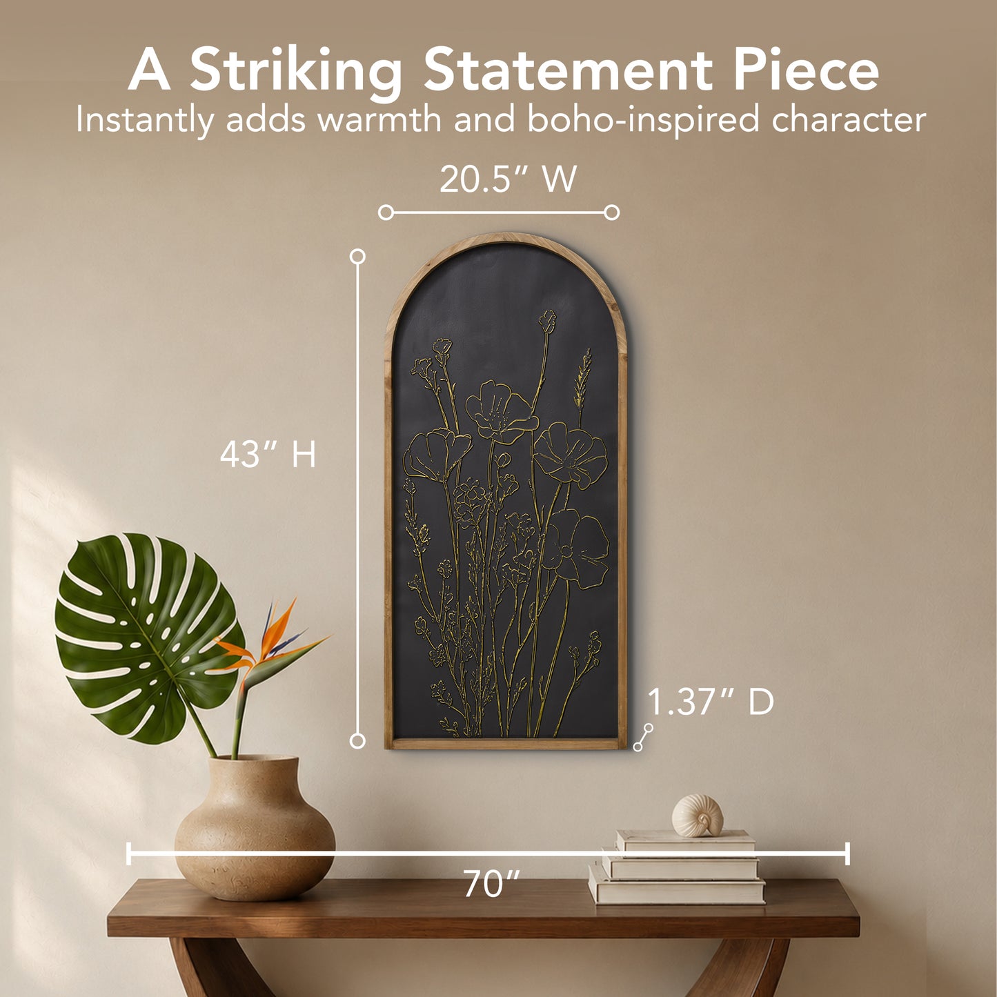 Black and gold embossed floral wall art in an arched frame with 3D metal detailing, styled as neutral boho coastal decor for living room, bedroom, bathroom, or hallway.