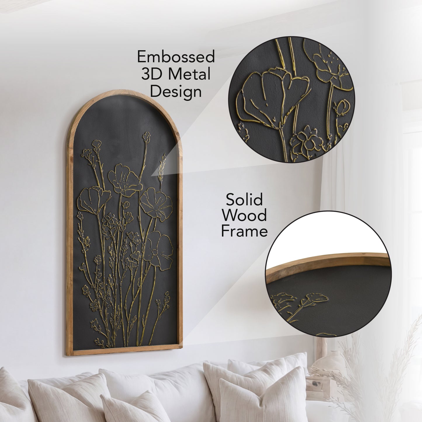 Black and gold embossed floral wall art in an arched frame with 3D metal detailing, styled as neutral boho coastal decor for living room, bedroom, bathroom, or hallway.