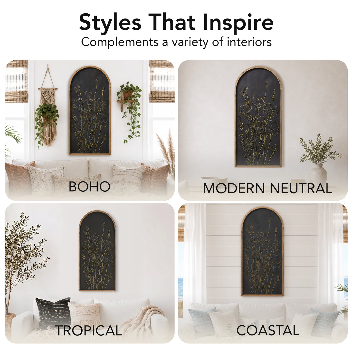 Black and gold embossed floral wall art in an arched frame with 3D metal detailing, styled as neutral boho coastal decor for living room, bedroom, bathroom, or hallway.