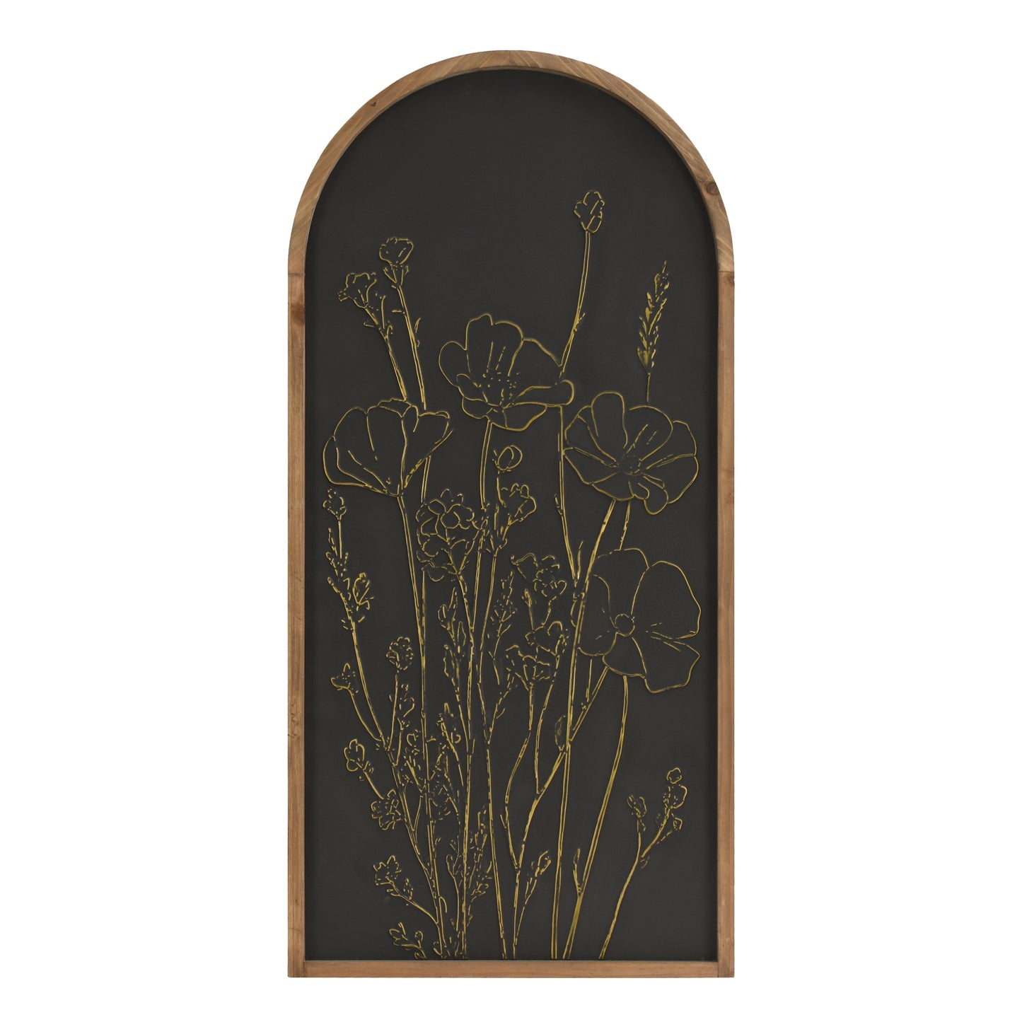 Black and gold embossed floral wall art in an arched frame with 3D metal detailing, styled as neutral boho coastal decor for living room, bedroom, bathroom, or hallway.