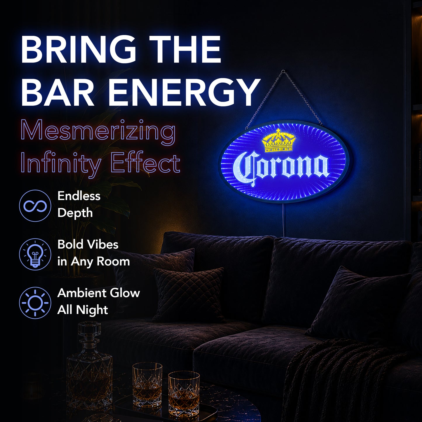 Blue Corona Infinity Mirror LED Neon Beer Bar Sign with glowing 3D tunnel lighting effect mounted as wall decor for a modern man cave, garage bar, basement lounge, or game room.