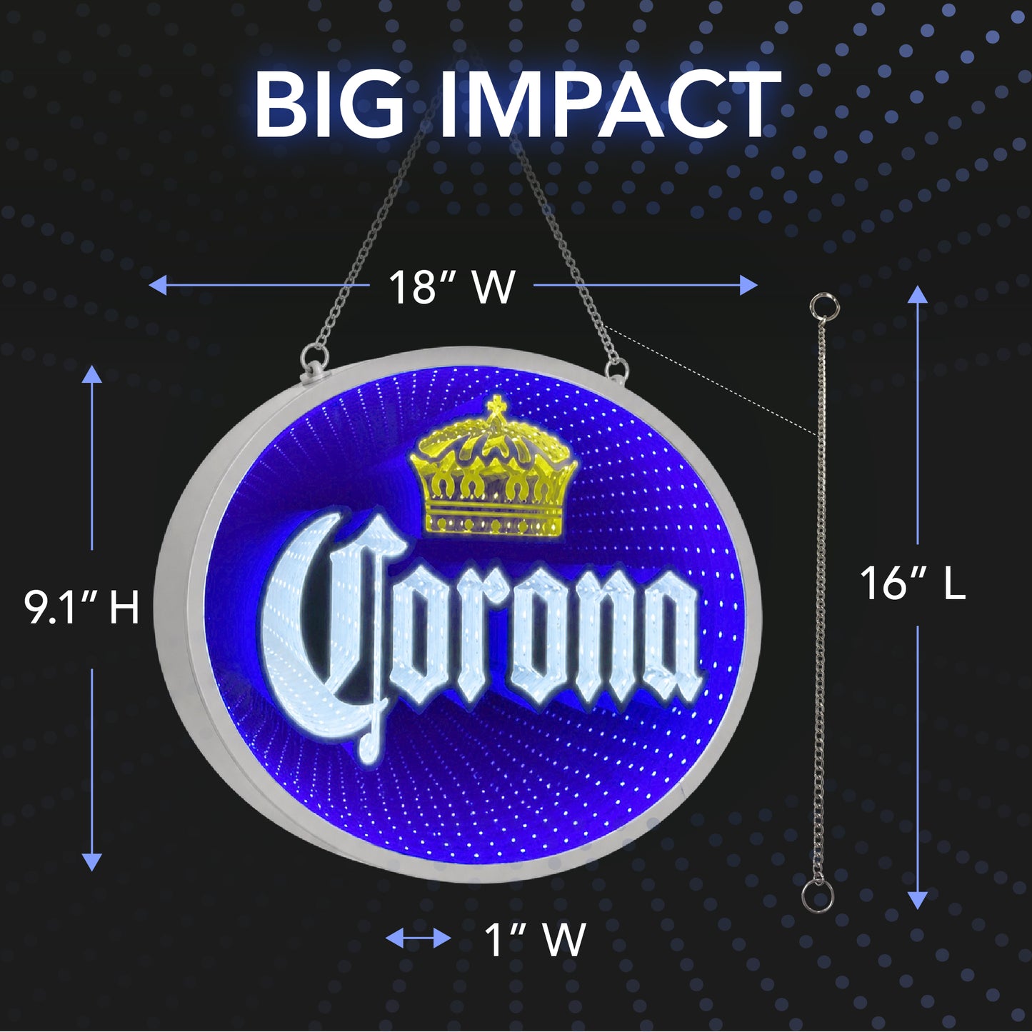 Blue Corona Infinity Mirror LED Neon Beer Bar Sign with glowing 3D tunnel lighting effect mounted as wall decor for a modern man cave, garage bar, basement lounge, or game room.