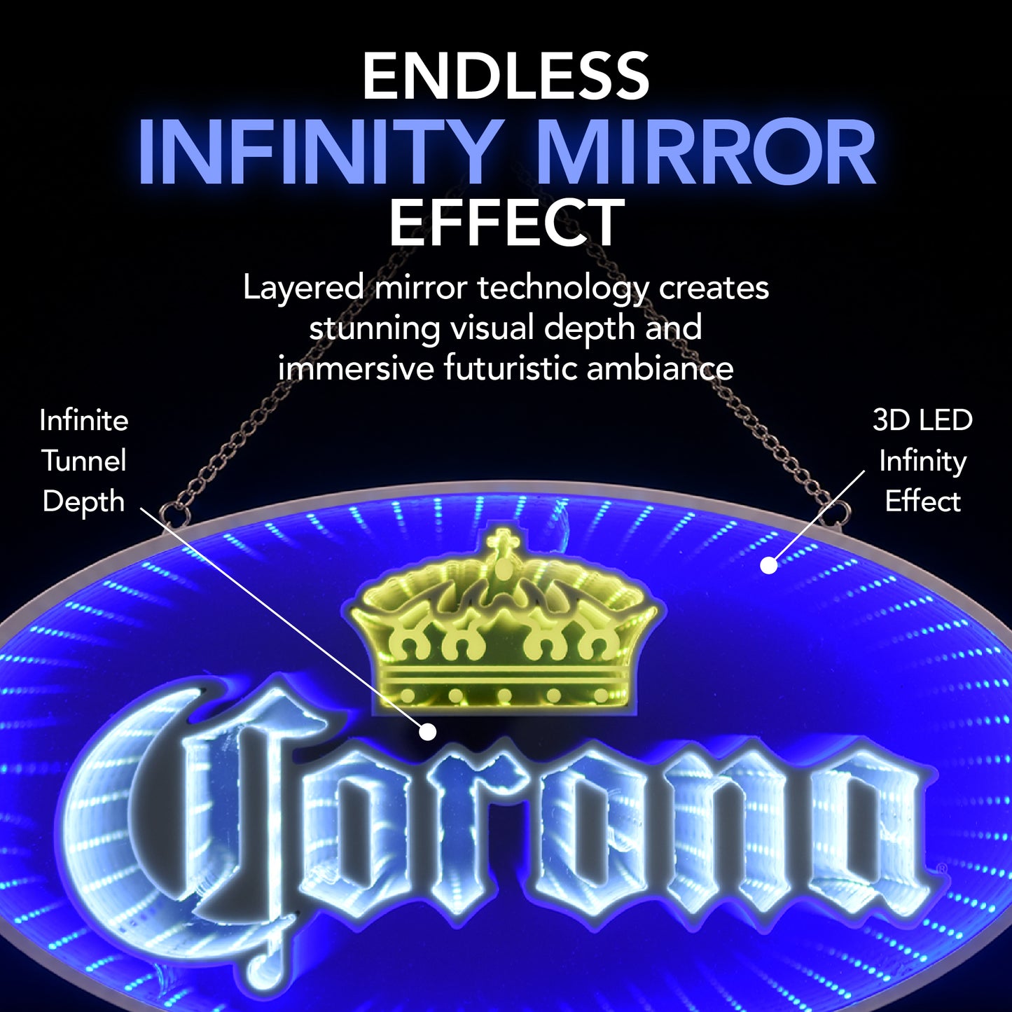 Blue Corona Infinity Mirror LED Neon Beer Bar Sign with glowing 3D tunnel lighting effect mounted as wall decor for a modern man cave, garage bar, basement lounge, or game room.
