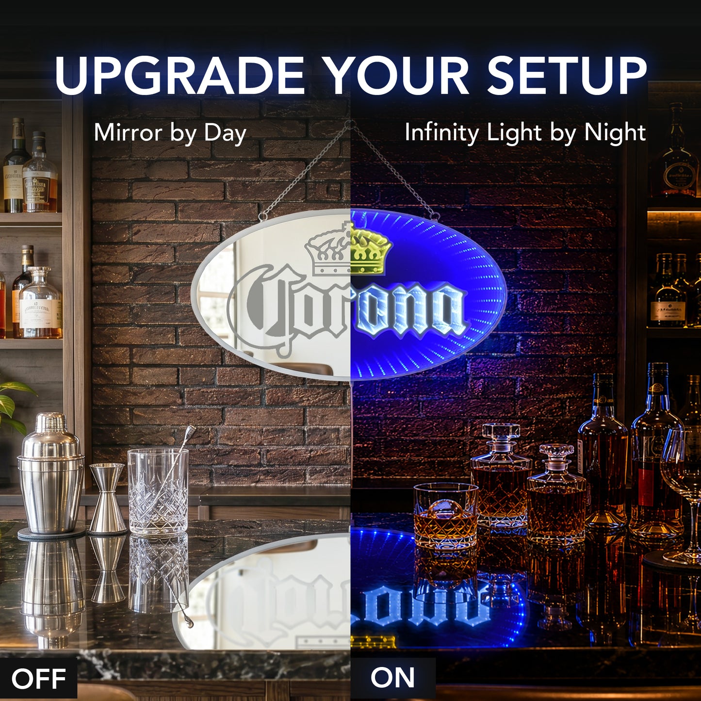Blue Corona Infinity Mirror LED Neon Beer Bar Sign with glowing 3D tunnel lighting effect mounted as wall decor for a modern man cave, garage bar, basement lounge, or game room.