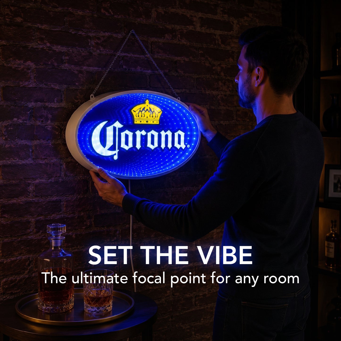 Blue Corona Infinity Mirror LED Neon Beer Bar Sign with glowing 3D tunnel lighting effect mounted as wall decor for a modern man cave, garage bar, basement lounge, or game room.