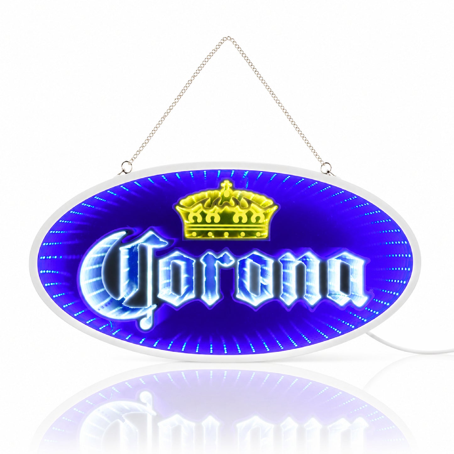 Blue Corona Infinity Mirror LED Neon Beer Bar Sign with glowing 3D tunnel lighting effect mounted as wall decor for a modern man cave, garage bar, basement lounge, or game room.