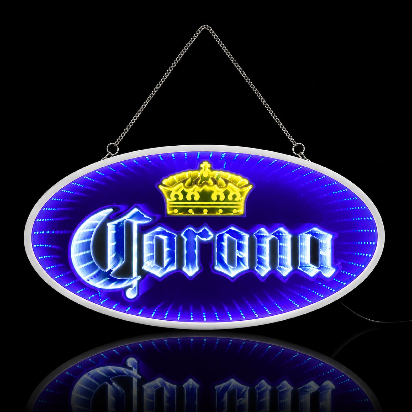 Blue Corona Infinity Mirror LED Neon Beer Bar Sign with glowing 3D tunnel lighting effect mounted as wall decor for a modern man cave, garage bar, basement lounge, or game room.