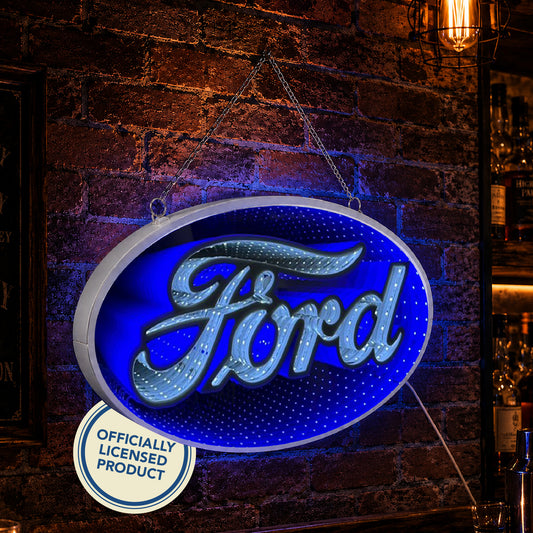 Blue Ford Built Tough Infinity Mirror LED Neon Light Sign with glowing 3D tunnel effect mounted as garage wall decor for a man cave, workshop, game room, home bar, or automotive lounge.
