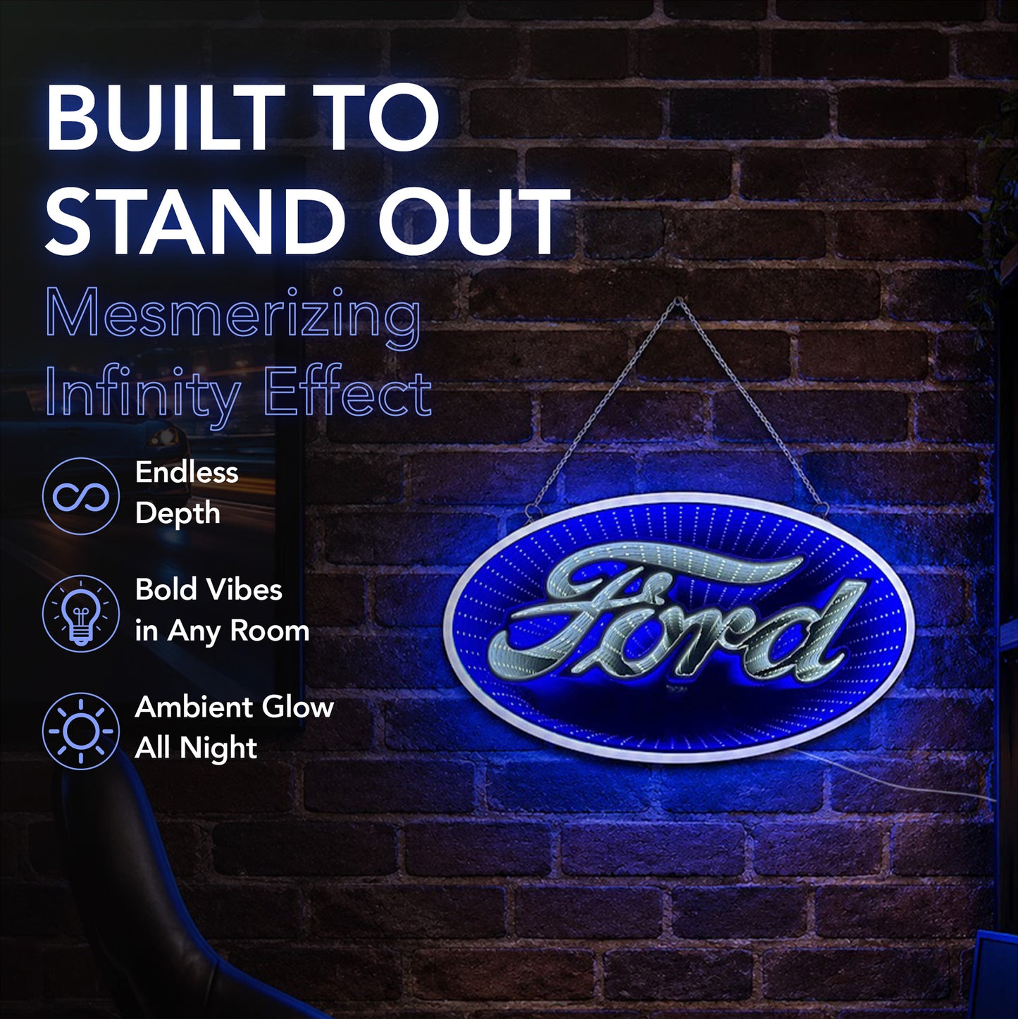 Blue Ford Built Tough Infinity Mirror LED Neon Light Sign with glowing 3D tunnel effect mounted as garage wall decor for a man cave, workshop, game room, home bar, or automotive lounge.