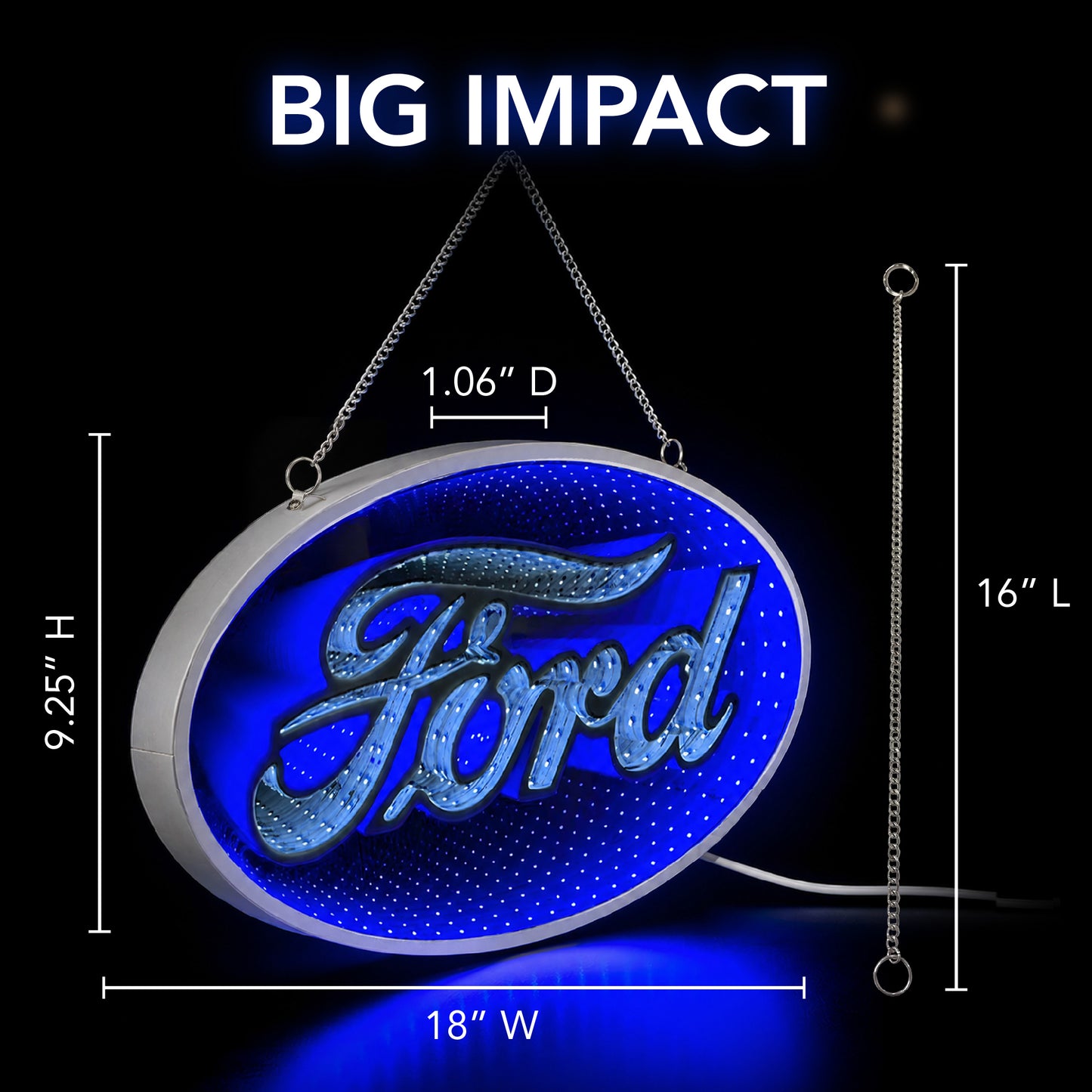 Blue Ford Built Tough Infinity Mirror LED Neon Light Sign with glowing 3D tunnel effect mounted as garage wall decor for a man cave, workshop, game room, home bar, or automotive lounge.