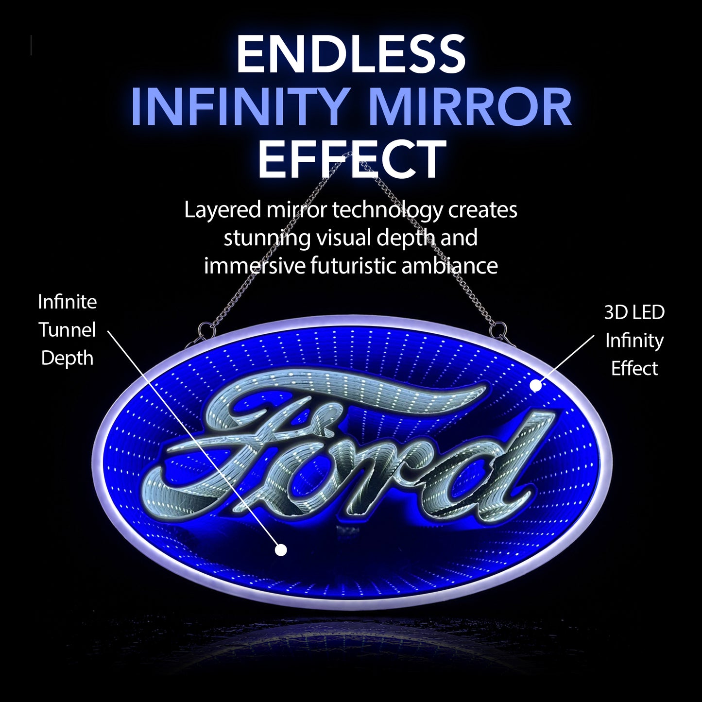 Blue Ford Built Tough Infinity Mirror LED Neon Light Sign with glowing 3D tunnel effect mounted as garage wall decor for a man cave, workshop, game room, home bar, or automotive lounge.