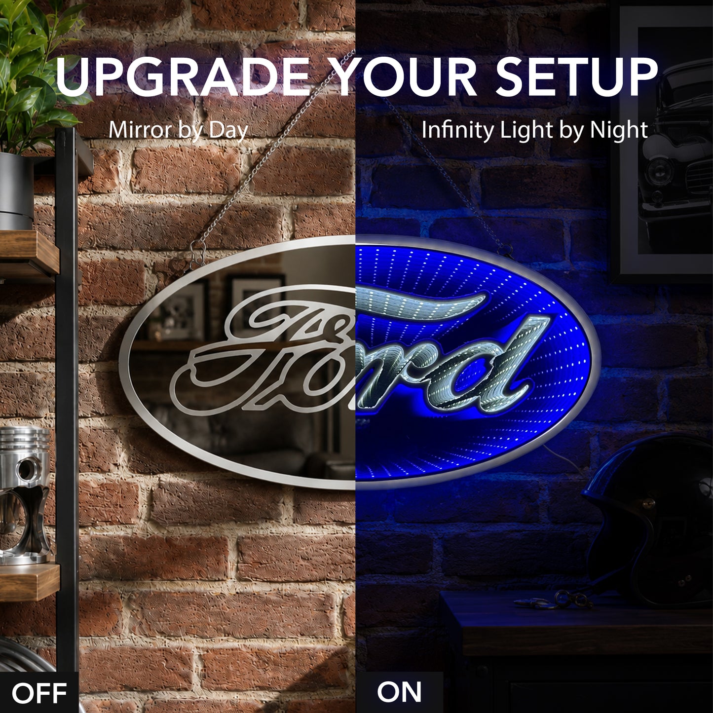 Blue Ford Built Tough Infinity Mirror LED Neon Light Sign with glowing 3D tunnel effect mounted as garage wall decor for a man cave, workshop, game room, home bar, or automotive lounge.
