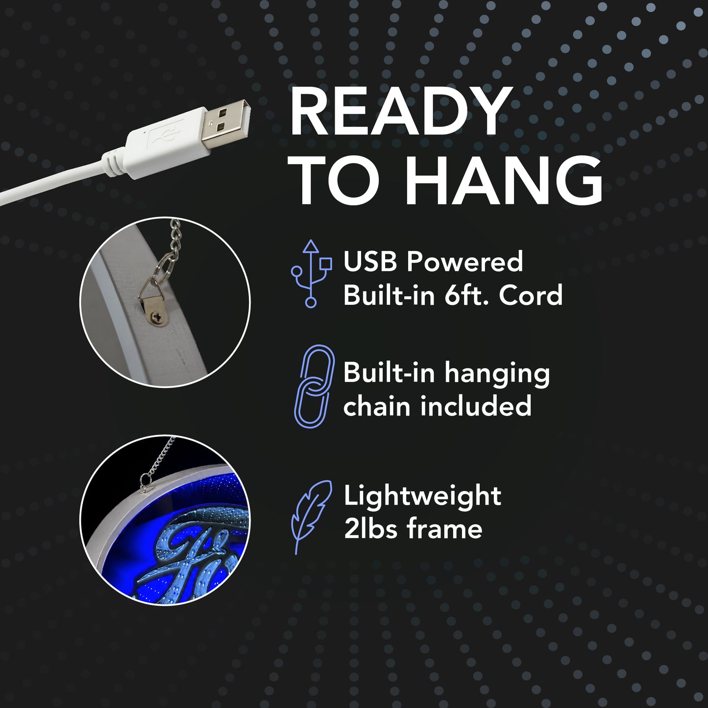 Blue Ford Built Tough Infinity Mirror LED Neon Light Sign with glowing 3D tunnel effect mounted as garage wall decor for a man cave, workshop, game room, home bar, or automotive lounge.
