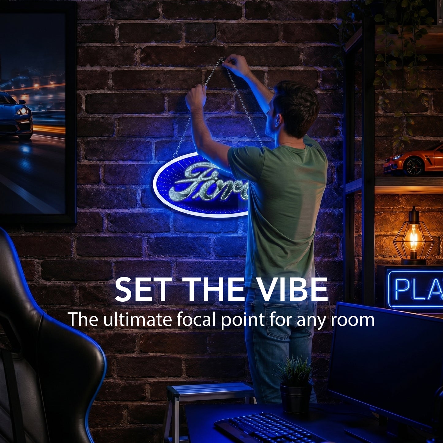 Blue Ford Built Tough Infinity Mirror LED Neon Light Sign with glowing 3D tunnel effect mounted as garage wall decor for a man cave, workshop, game room, home bar, or automotive lounge.