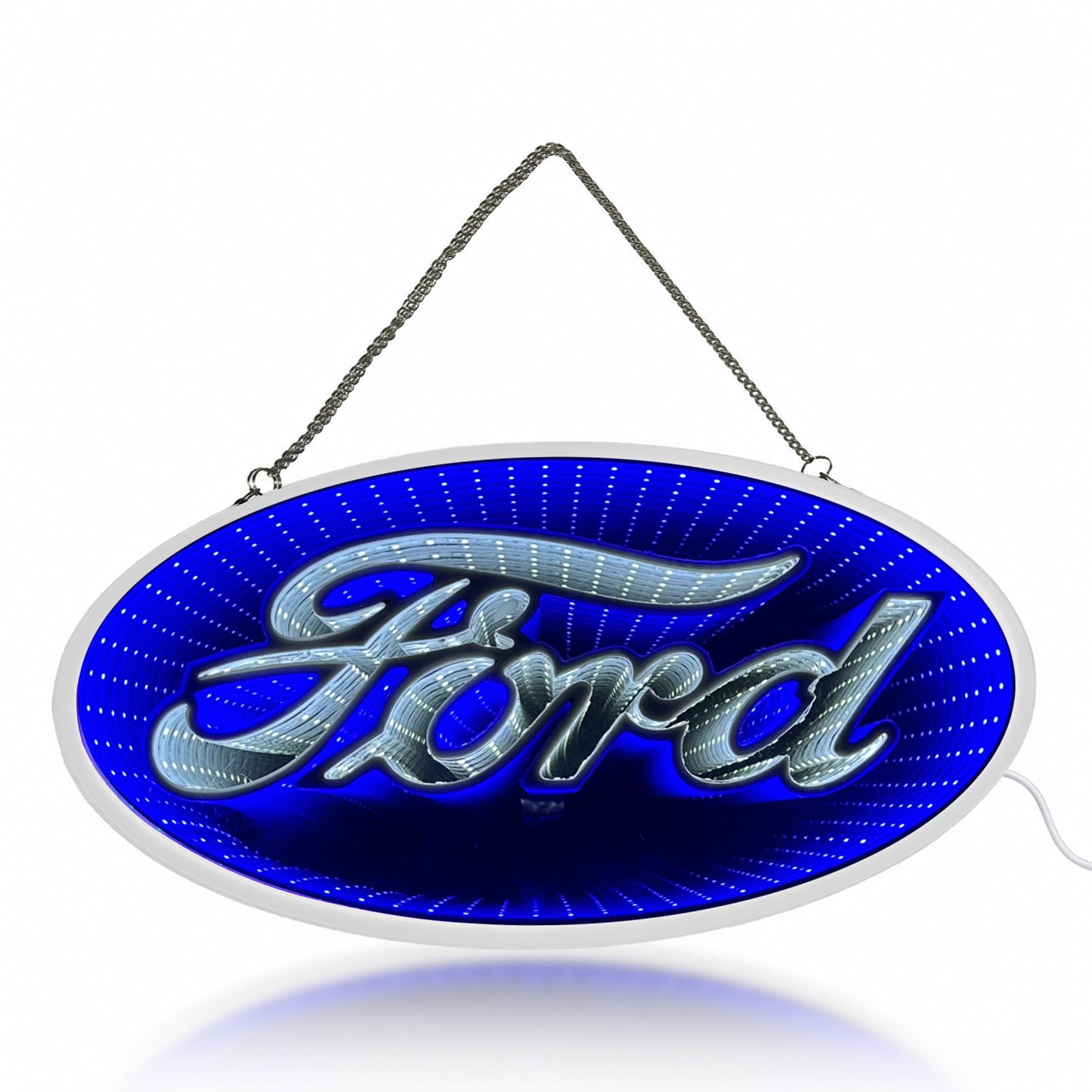 Blue Ford Built Tough Infinity Mirror LED Neon Light Sign with glowing 3D tunnel effect mounted as garage wall decor for a man cave, workshop, game room, home bar, or automotive lounge.
