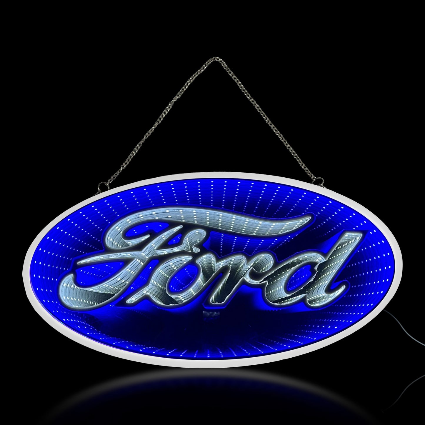 Blue Ford Built Tough Infinity Mirror LED Neon Light Sign with glowing 3D tunnel effect mounted as garage wall decor for a man cave, workshop, game room, home bar, or automotive lounge.