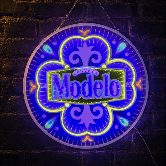 Round Modelo Infinity Mirror LED Neon Beer Sign with glowing blue 3D tunnel effect displayed as wall decor for a man cave, garage bar, basement lounge, pub, or game room.