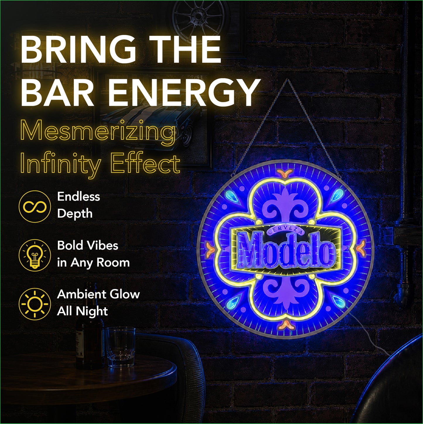 Round Modelo Infinity Mirror LED Neon Beer Sign with glowing blue 3D tunnel effect displayed as wall decor for a man cave, garage bar, basement lounge, pub, or game room.