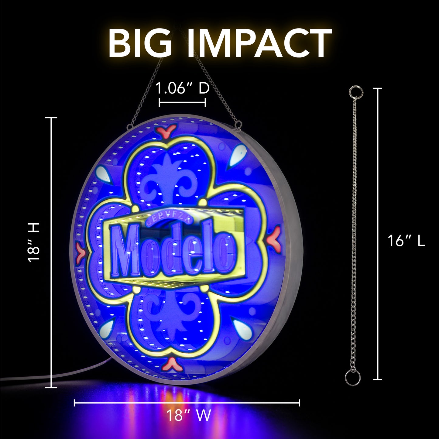 Round Modelo Infinity Mirror LED Neon Beer Sign with glowing blue 3D tunnel effect displayed as wall decor for a man cave, garage bar, basement lounge, pub, or game room.