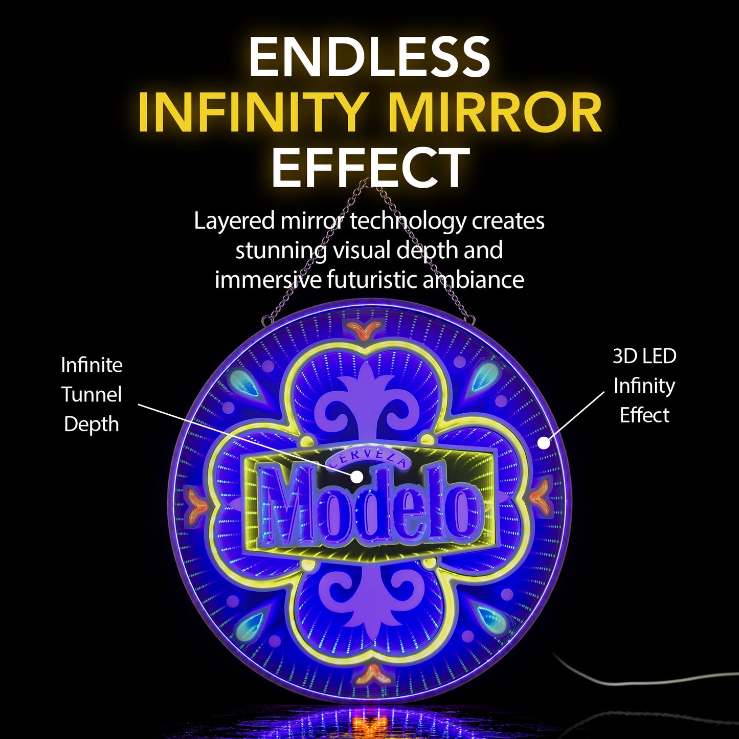 Round Modelo Infinity Mirror LED Neon Beer Sign with glowing blue 3D tunnel effect displayed as wall decor for a man cave, garage bar, basement lounge, pub, or game room.
