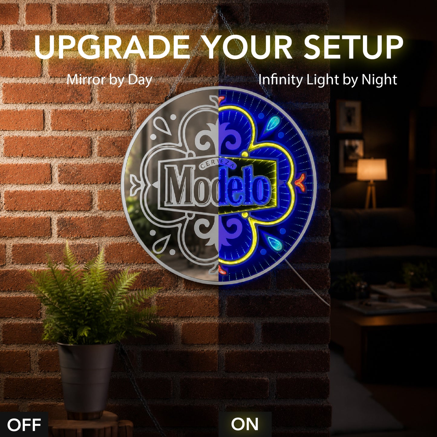 Round Modelo Infinity Mirror LED Neon Beer Sign with glowing blue 3D tunnel effect displayed as wall decor for a man cave, garage bar, basement lounge, pub, or game room.