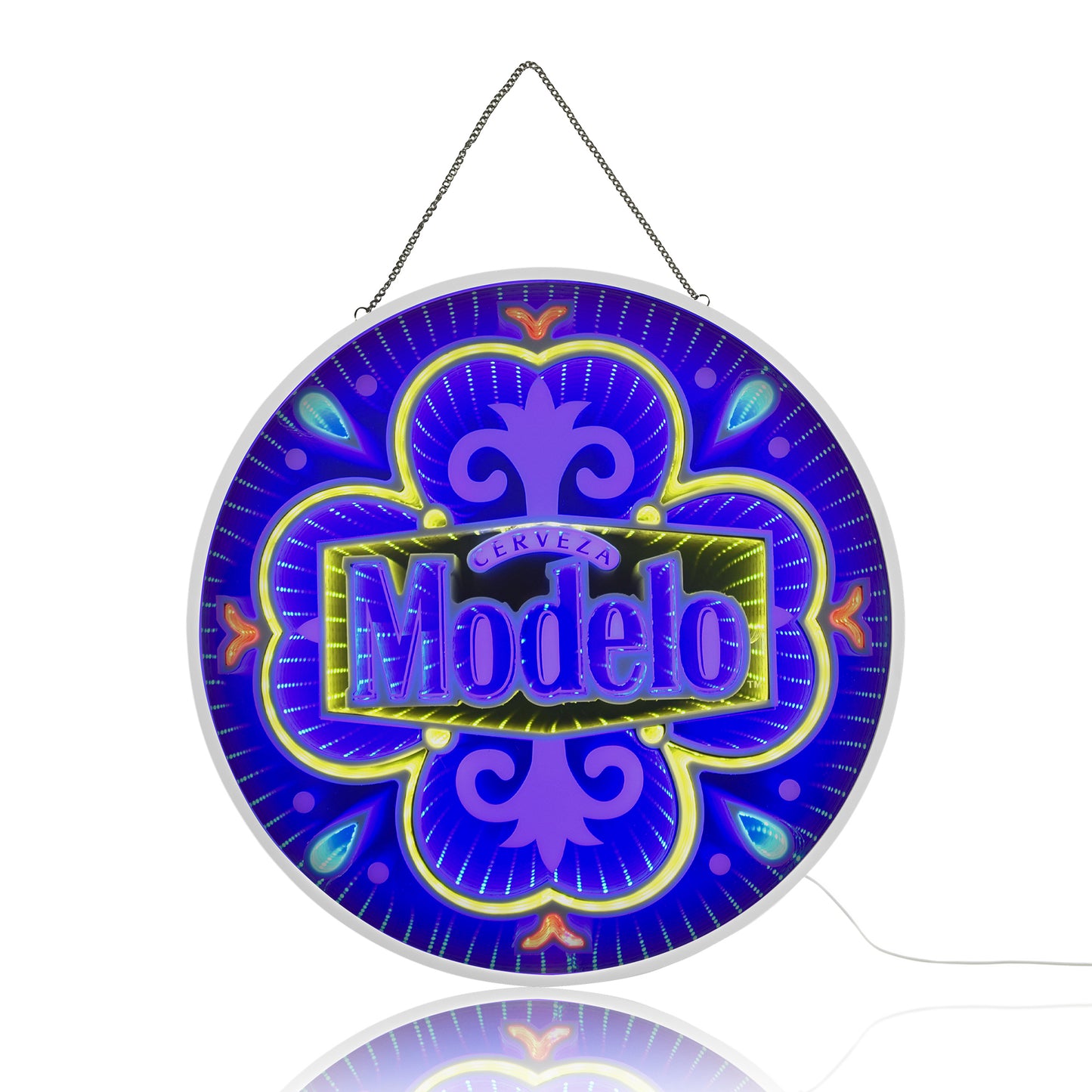 Round Modelo Infinity Mirror LED Neon Beer Sign with glowing blue 3D tunnel effect displayed as wall decor for a man cave, garage bar, basement lounge, pub, or game room.