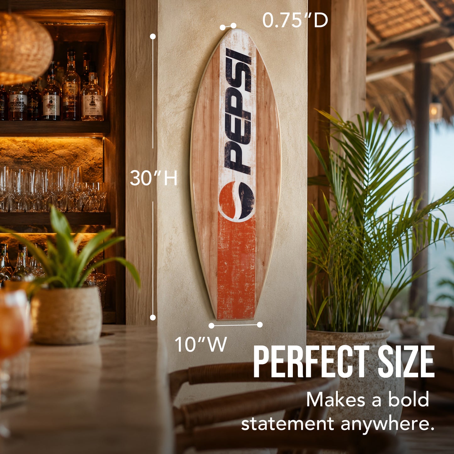 Officially licensed Pepsi surfboard wall plaque featuring vintage distressed graphics on natural wood-look MDF with a coastal beach house style, perfect for bars, man caves, patios, lake houses, and tropical home décor.