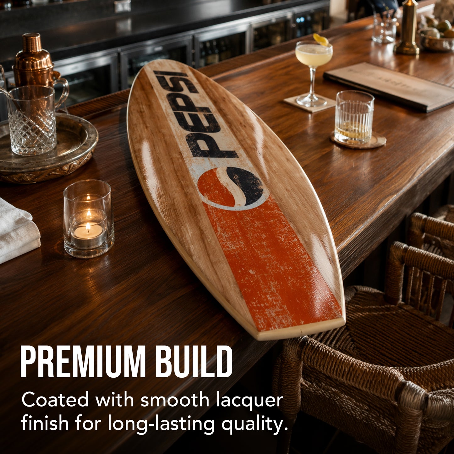 Officially licensed Pepsi surfboard wall plaque featuring vintage distressed graphics on natural wood-look MDF with a coastal beach house style, perfect for bars, man caves, patios, lake houses, and tropical home décor.