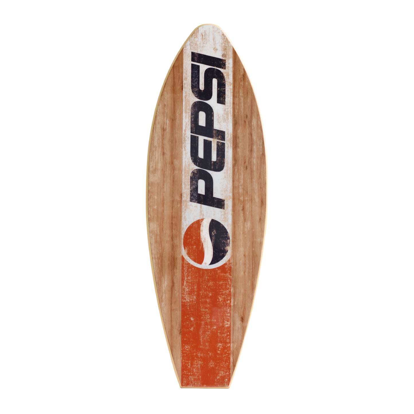Officially licensed Pepsi surfboard wall plaque featuring vintage distressed graphics on natural wood-look MDF with a coastal beach house style, perfect for bars, man caves, patios, lake houses, and tropical home décor.