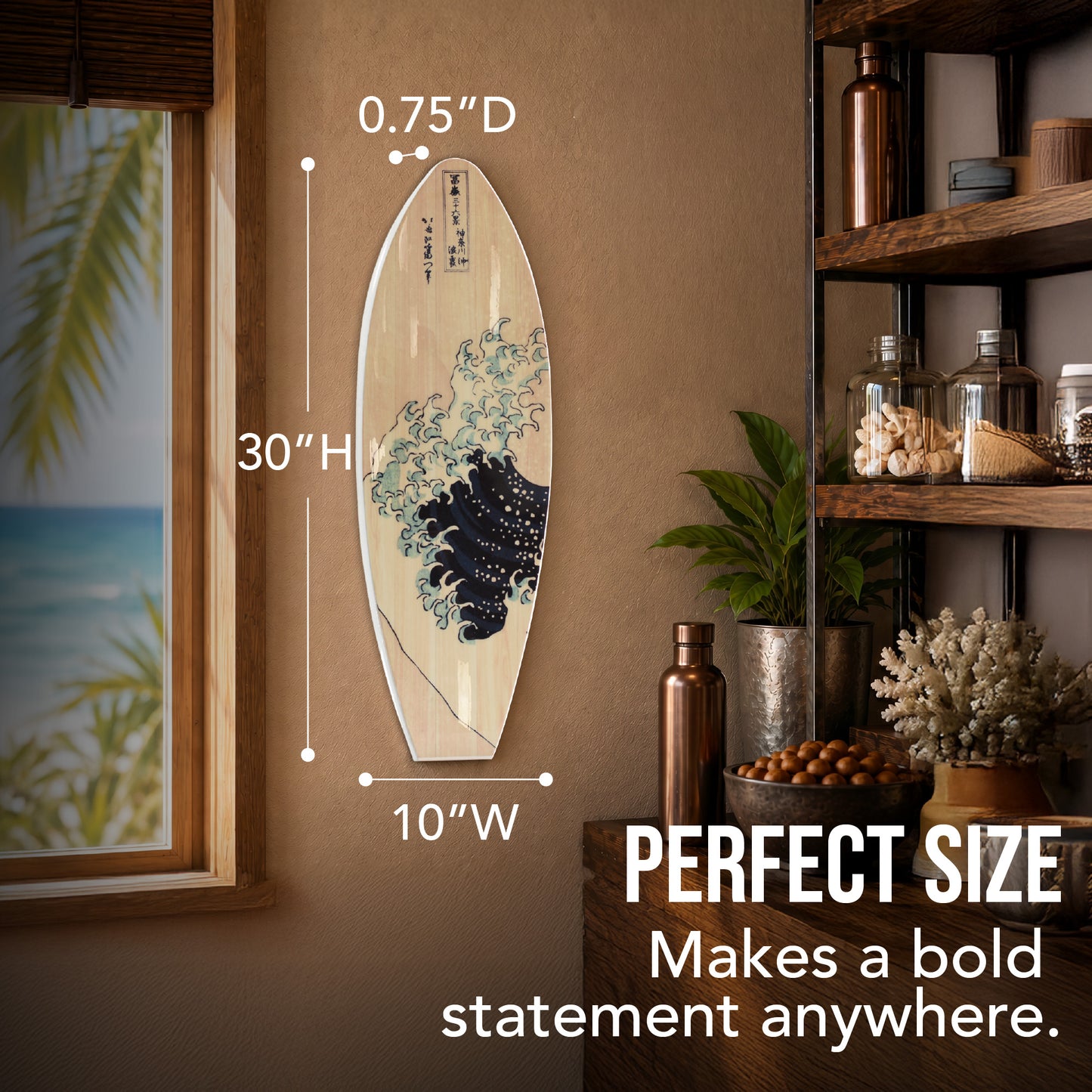 Great Wave surfboard wall plaque featuring Hokusai-inspired ocean artwork printed on a natural wood-look MDF surfboard, perfect for coastal beach house, nautical, tropical, Japanese, and lake house décor.