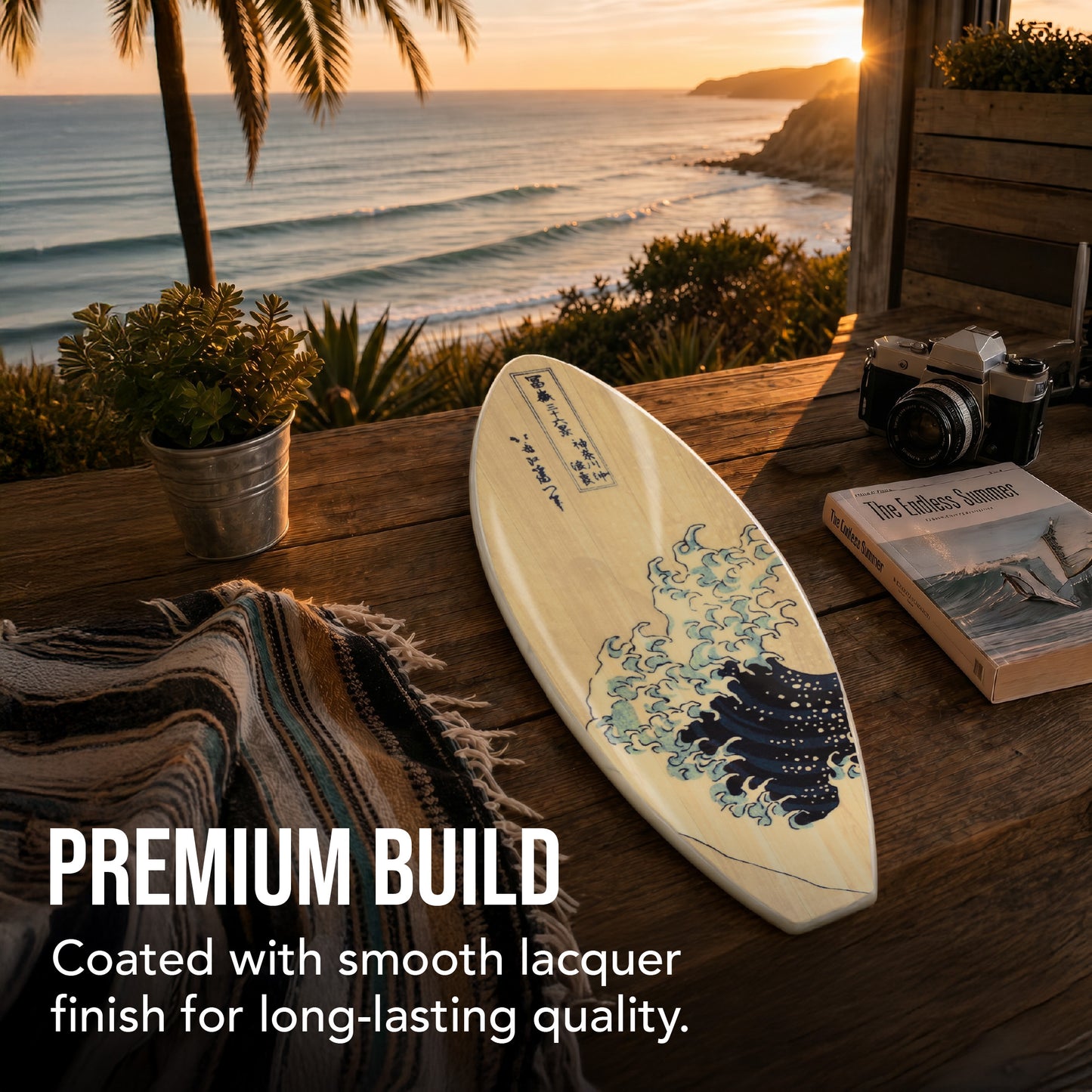 Great Wave surfboard wall plaque featuring Hokusai-inspired ocean artwork printed on a natural wood-look MDF surfboard, perfect for coastal beach house, nautical, tropical, Japanese, and lake house décor.