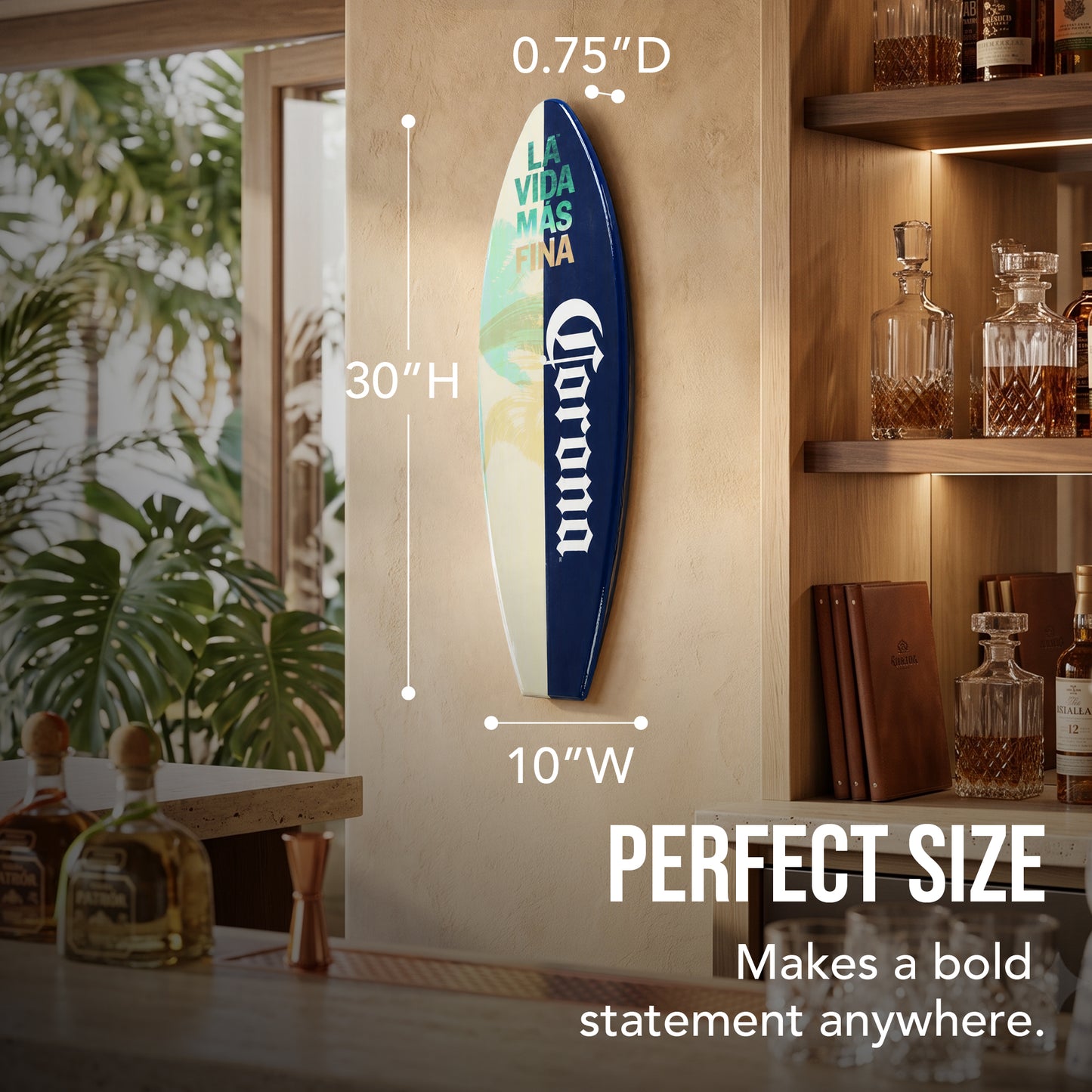 Officially licensed Corona surfboard wall plaque featuring La Vida Más Fina artwork with palm trees and tropical beach colors on a wood-look MDF surfboard for coastal homes, patios, and home bars.