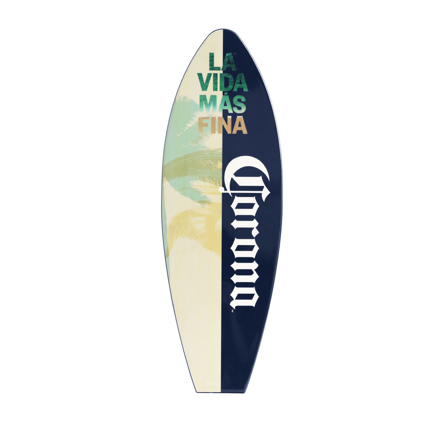 Officially licensed Corona surfboard wall plaque featuring La Vida Más Fina artwork with palm trees and tropical beach colors on a wood-look MDF surfboard for coastal homes, patios, and home bars.